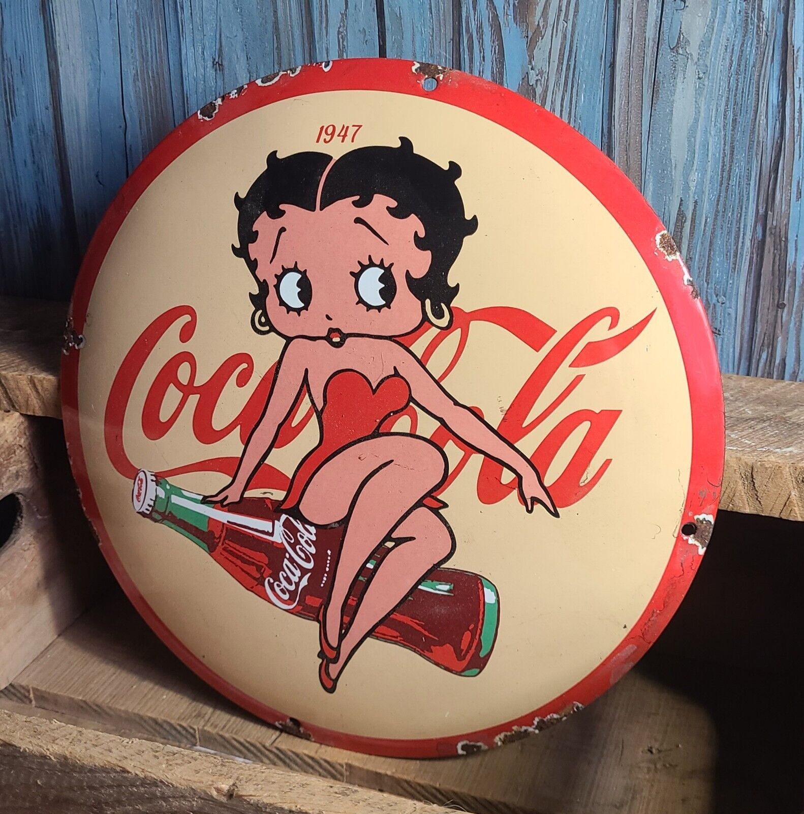 Vintage Coca Cola Betty Boop Porcelain Metal Soda Pop Coke Button Sign
