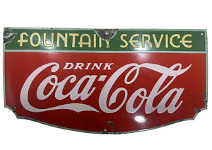 1934 FOUNTAIN SERVICE PORCELAIN SIGN COCA COLA ORIGINAL 14x27 Nice