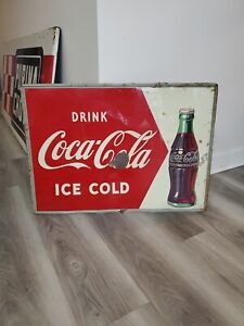 c.1950s Original Vintage Drink Ice Cold Coca Cola Sign Metal Bottles MCA Grocery