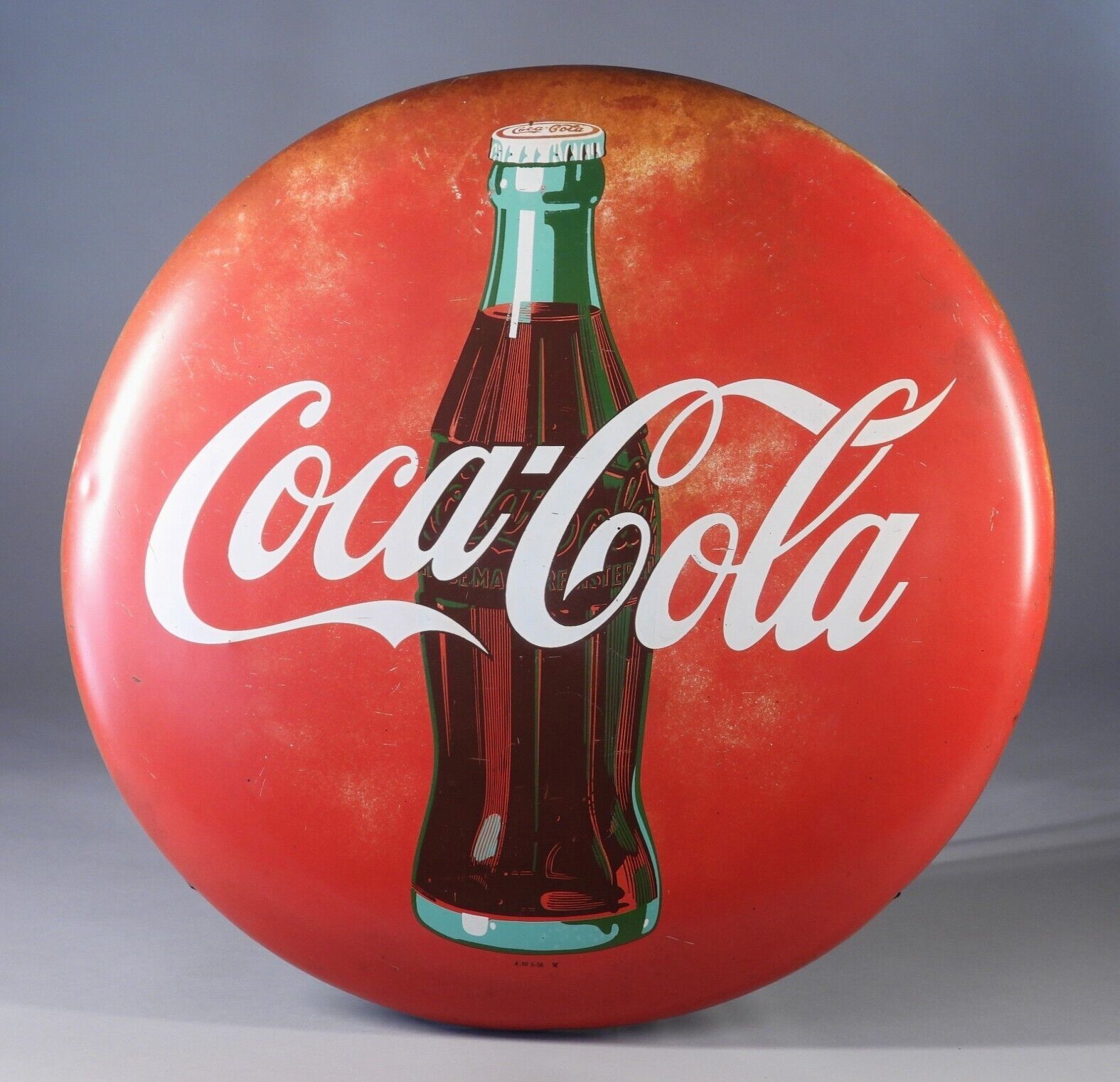 Original 1956 Coca-Cola Painted Tin 24" Button Soda Pop Advertising Sign