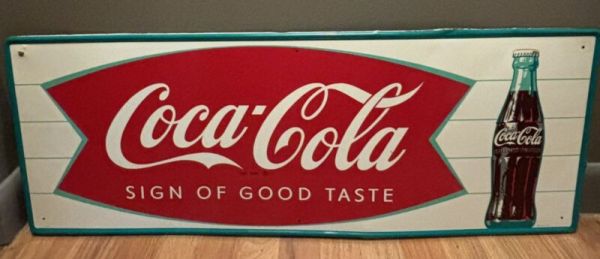 Vintage Rare COCA-COLA Fishtail Metal Sign “Sign Of Good Taste” 1960’s