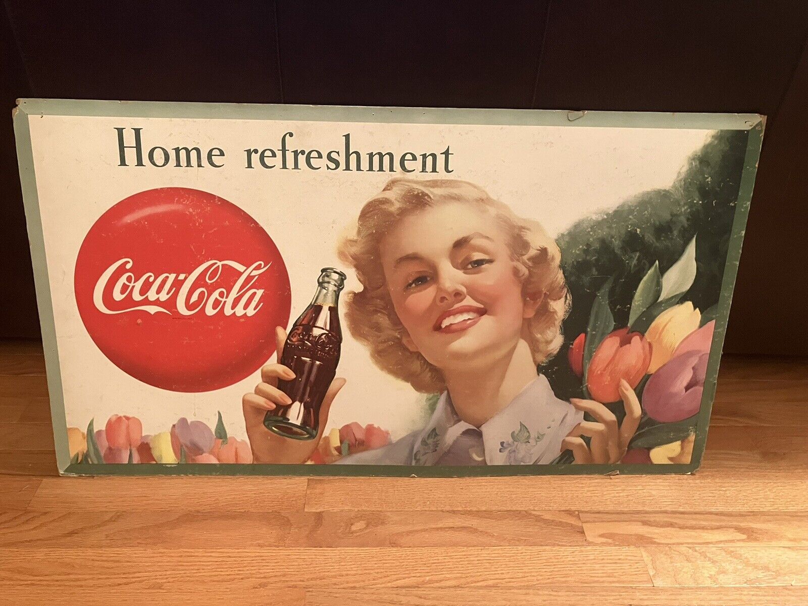 ORIGINAL 1949 COCA-COLA 'HOME REFRESHMENT' CARDBOARD SIGN BLONDE GIRL 20x36
