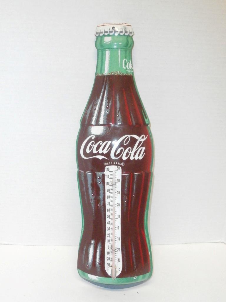 VINTAGE NOS TIN LITHO COCA COLA BOTTLE THERMOMETER W/ORIGINAL BOX! NICE! M.C.A.