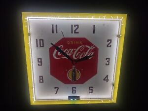 Vintage 1940's Coca Cola Lackner Neon Wall Clock  WORKS  15 1/4" Square