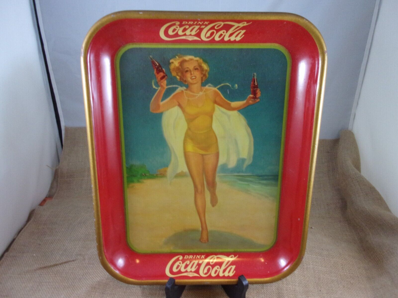 AUTHENTIC COKE COCA COLA 1937 GIRL ADVERTISING SERVING TIN TRAY