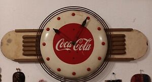 WORKING 1940s Art Deco Coca-Cola Promo Clock Sign tin masonite prop of coke NICE