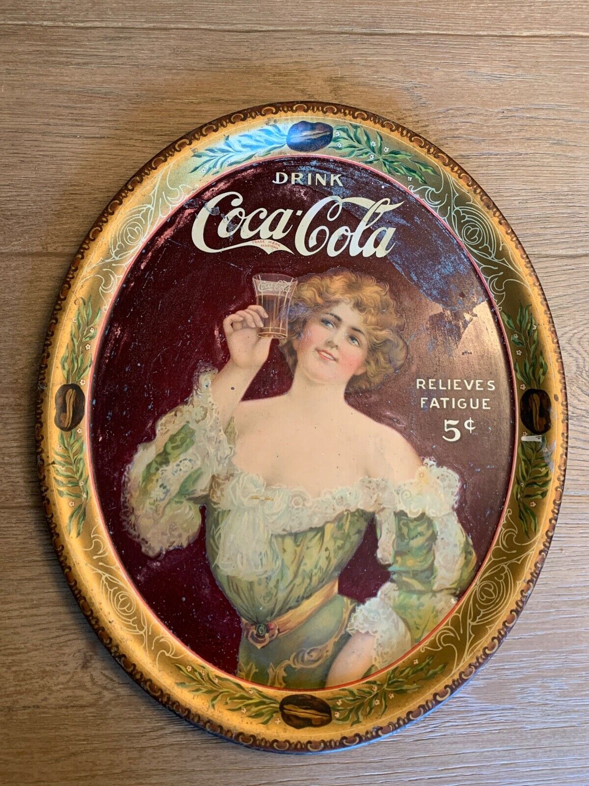 Coca-Cola large metal tray “relieves fatigue” from 1907