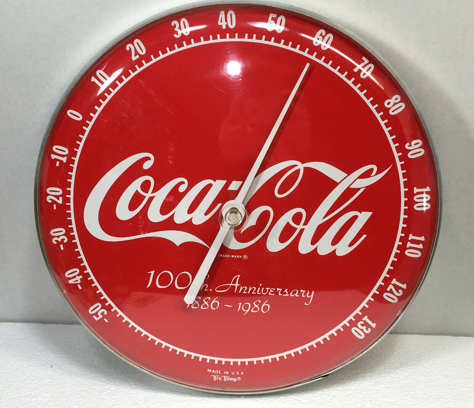 COCA~COLA 100th ANNIVERSARY 1886-1986  12 INCH PLASTIC THERMOMETER  WALL HANGER