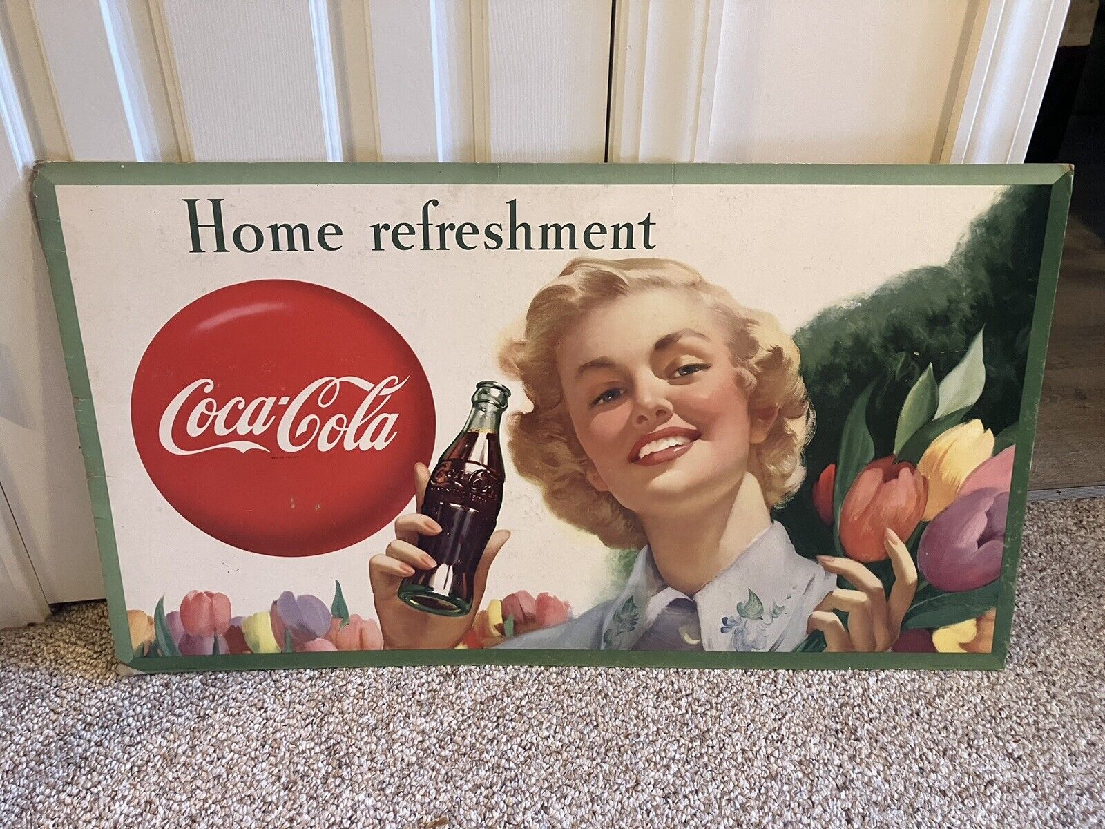 ORIGINAL 1949 COCA-COLA 'HOME REFRESHMENT' CARDBOARD SIGN BLONDE GIRL 20x36