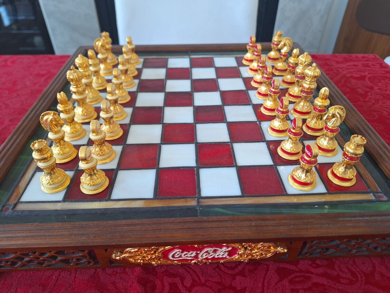 Coca Cola Franklin Mint collectors chess set, with stained glass chess board