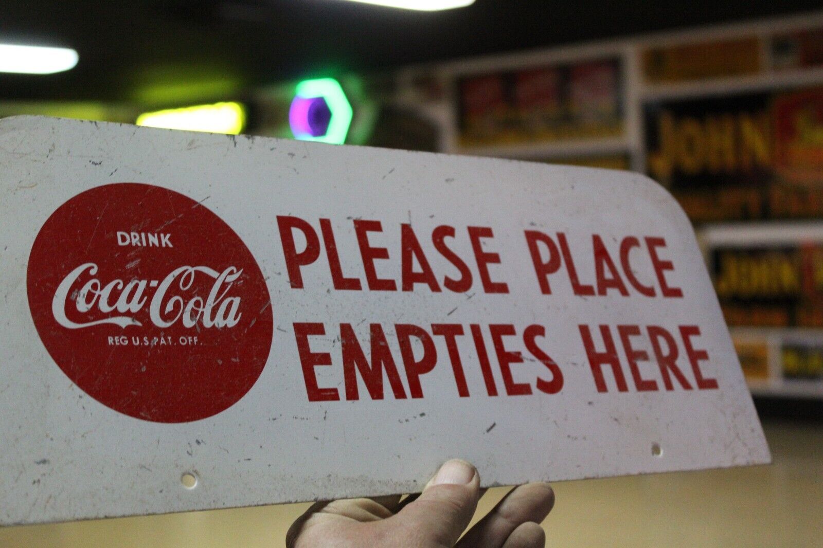 RARE 1950s COCA COLA PLACE EMPTIES BOTTLE RETURN RACK TOPPER PAINTED METAL SIGN