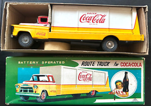 Allen Haddock Tin Japan Battery Operated Yellow Route Truck Coca-Cola untested
