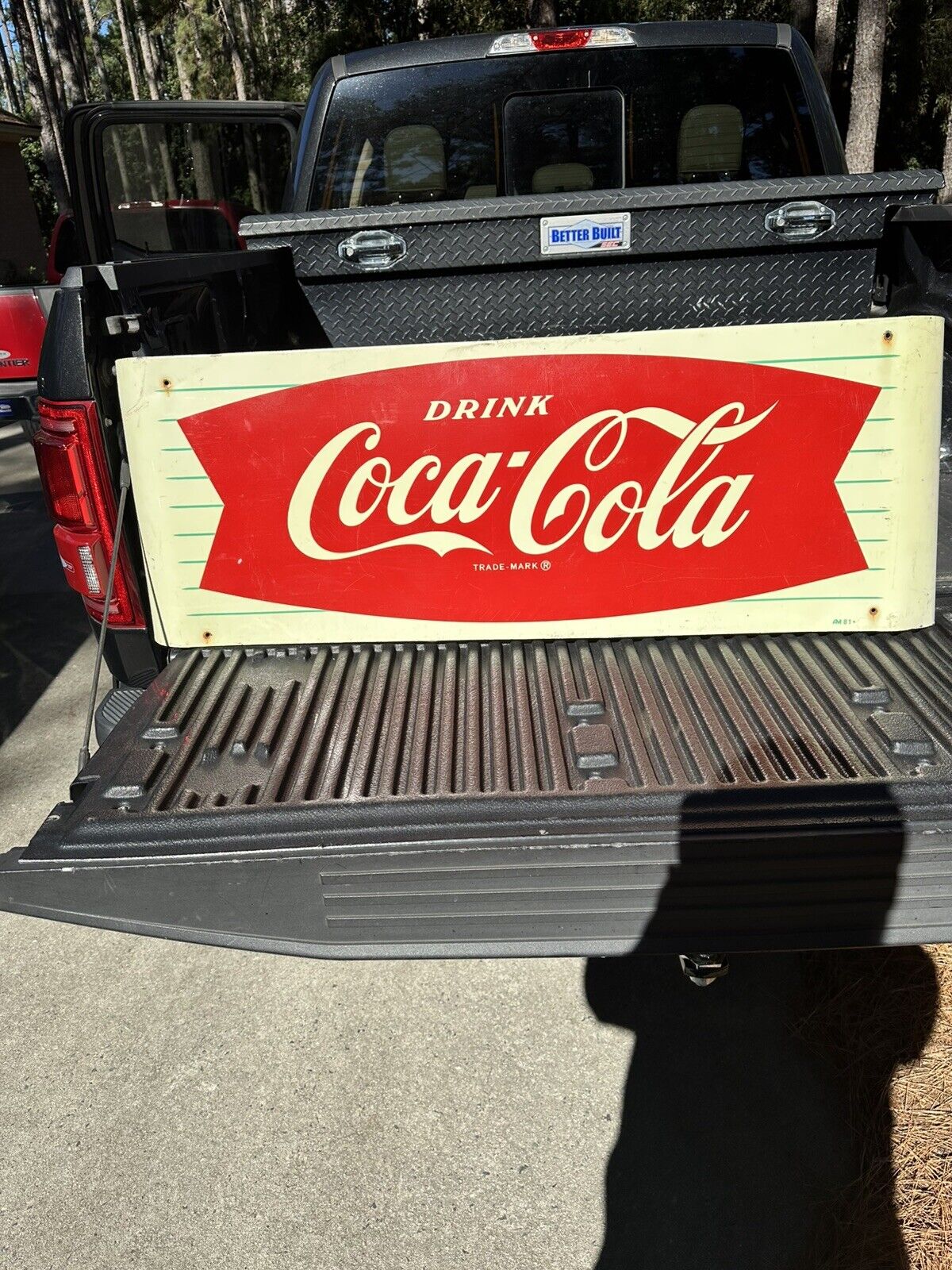 VINTAGE COCA-COLA PORCELAIN FISH TAIL SLED SIGN 1950'S 42”x16”
