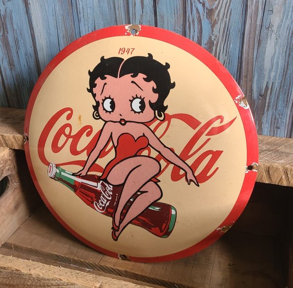 Vintage Coca Cola Betty Boop Porcelain Metal Soda Pop Coke Button Sign