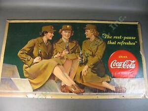 1943 Drink Coca-Cola WWII Rest Pause That Refreshes Cardboard Litho Sign COKE