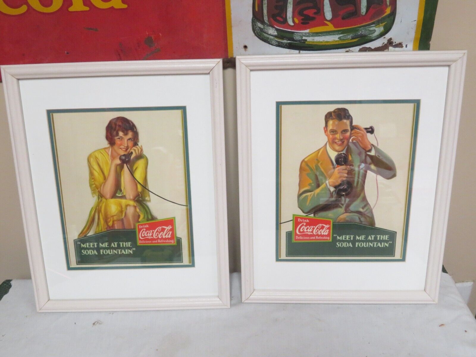 RARE PAIR OF COCA COLA MEET ME AT THE SODA FOUNTAIN CARDBOARD AD FRAMED