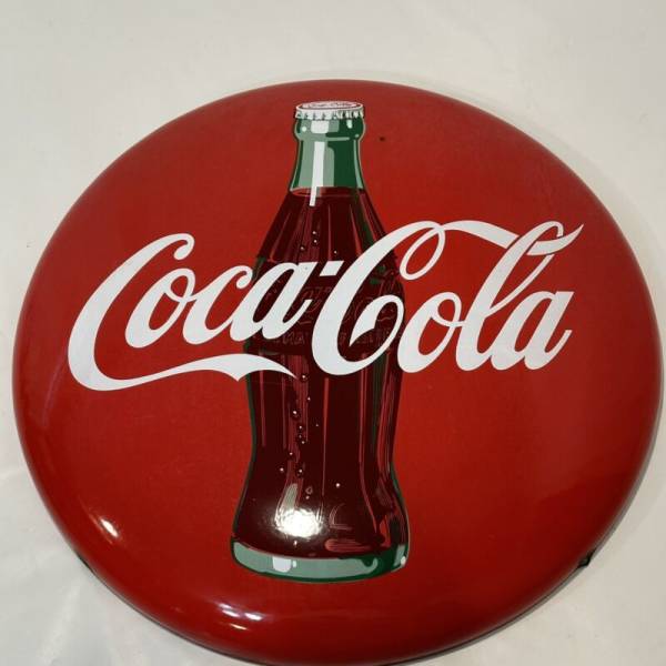 Original 1950s Coca Cola 24" Porcelain Red Metal Button Sign Coke Bottle