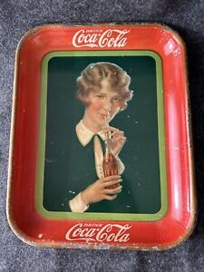 Rare Vintage 1927 Drink Coca-Cola Metal Tray Woman Bobbed Bob Haircut Bottle