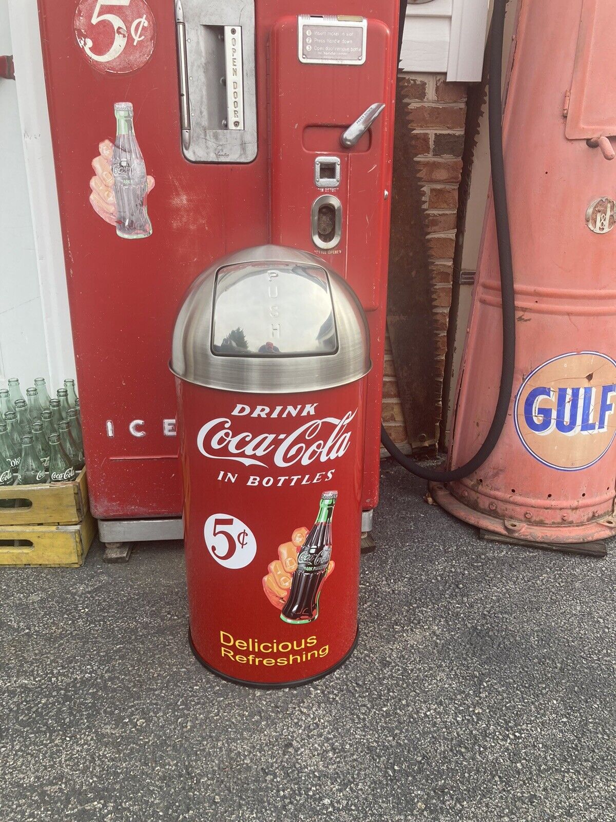 Round Top Coca Cola ICE COLD Trash Can SS TOP 12 Gal. 29" Tall