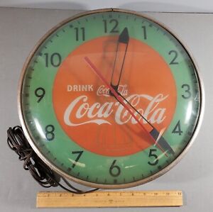 VINTAGE PAM 1957 COCA-COLA LIGHTED DOMED WALL CLOCK 15", RED AND GREEN, WORKING