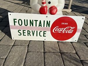 Old 1950’s Drink COCA COLA Fountain Service Porcelain Sign 29 5/8x11 5/8”