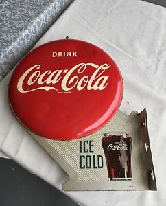 c. 1950 Original Vintage Drink Coca Cola Sign Metal Flange A-M 9-50 Double Sided
