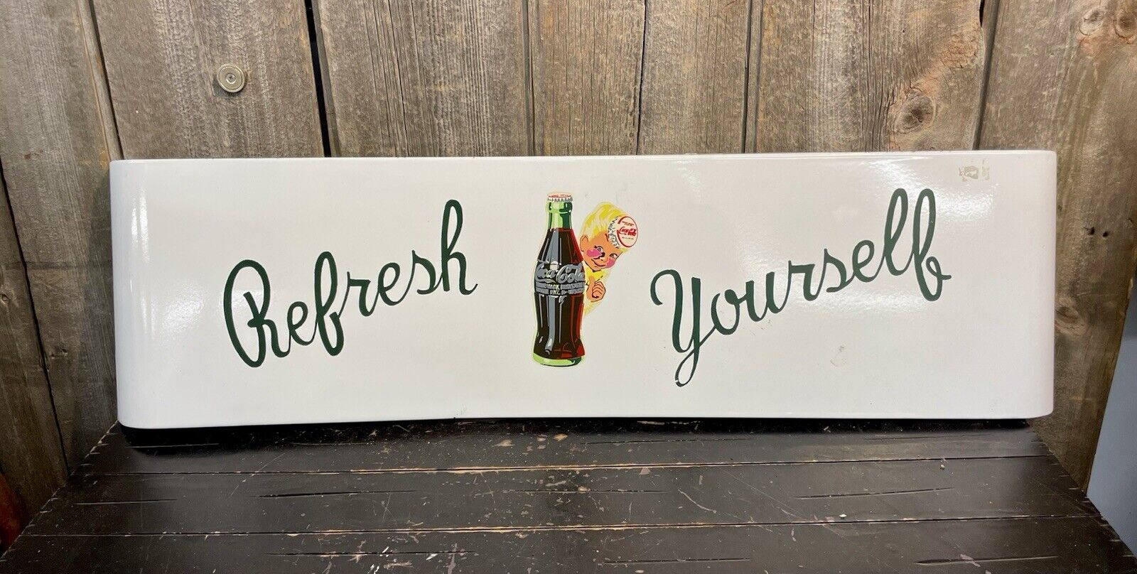 Vtg Coca-Cola Refresh Yourself Porcelain Privilege Panel Sprite Boy Sign
