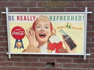 Vintage 1950’s Coca Cola Cardboard Sign in Original Metal Aluminum Frame 1960’s