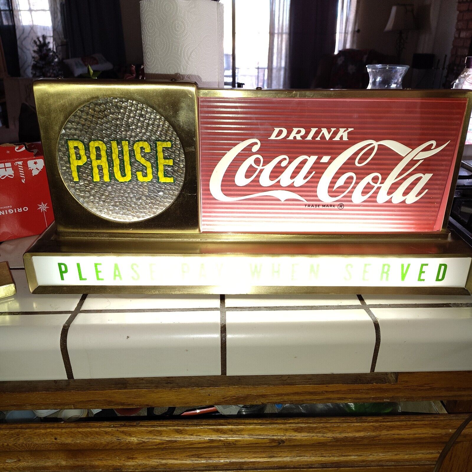 Original Coca Cola Light Up Sign , Pause Waterfalls, Plugs In . Excellent Cond.