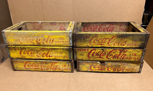 Vintage 1960-1966 Coca Cola Wooden Bottle Tray Crate Yellow - Lot of 6