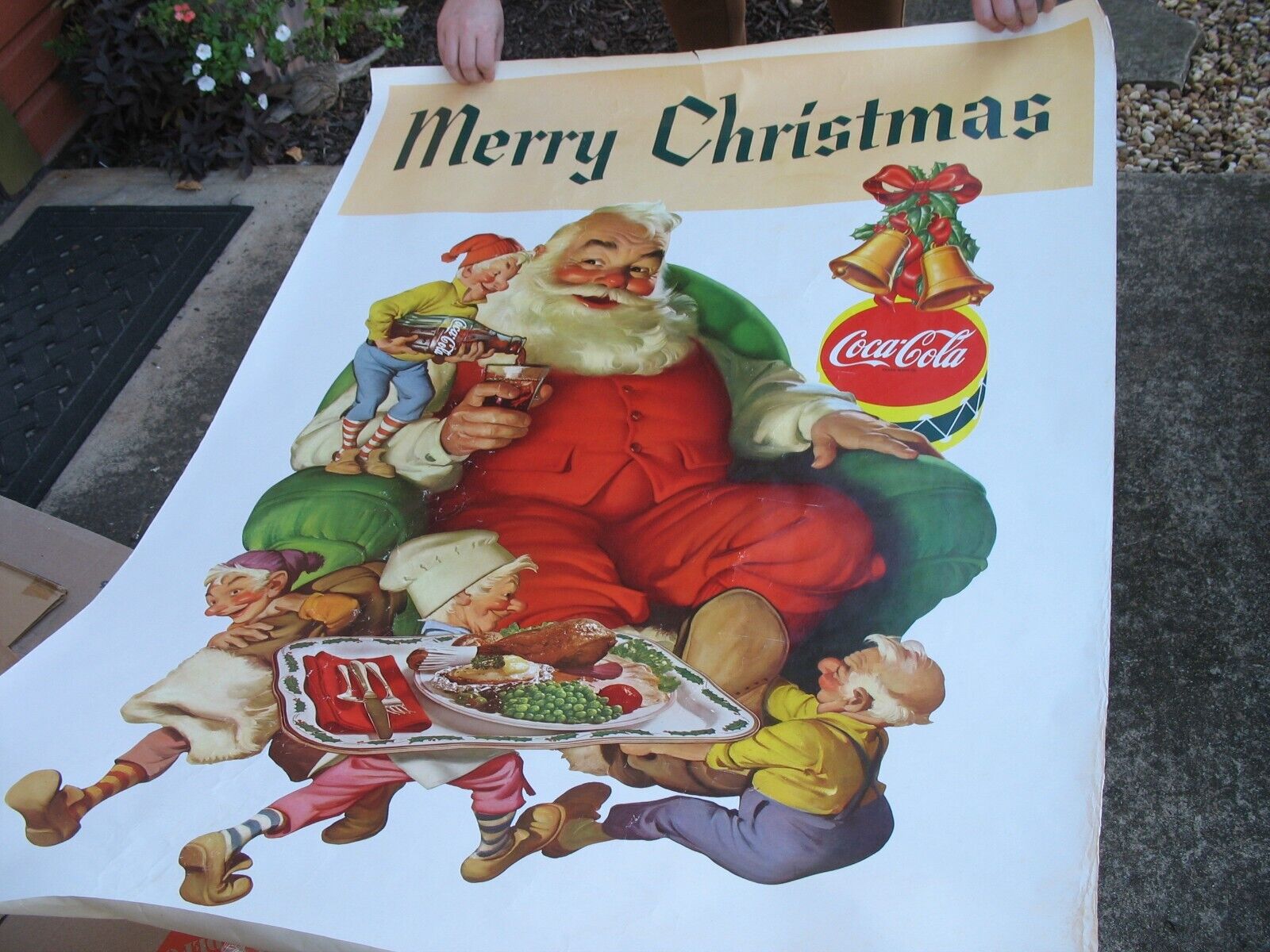Vintage Coca Cola Sign Poster Santa Clause Elves Advertising Christmas 40 x 52