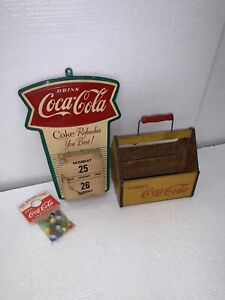3pc VINTAGE 40'S/50'S/60'S COCA COLA FISHTAIL TIN CALENDAR SIGN, MARBLES, HOLDER