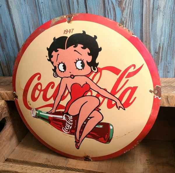Vintage Coca Cola Betty Boop Porcelain Metal Soda Pop Coke Button Sign
