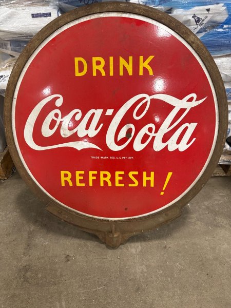 coca-cola round ,post mount sign, drink refresh, 1950's