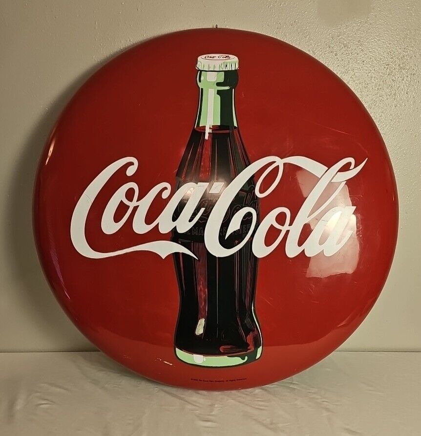36 inch Vintage 1996 Offical Coca Cola Button Sign 1950s Style Large Plastic