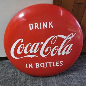 X-131 VINTAGE 1950'S MEATL PAINTED ORIGINAL 36" COCA COLA BUTTON SIGN STUNNING!
