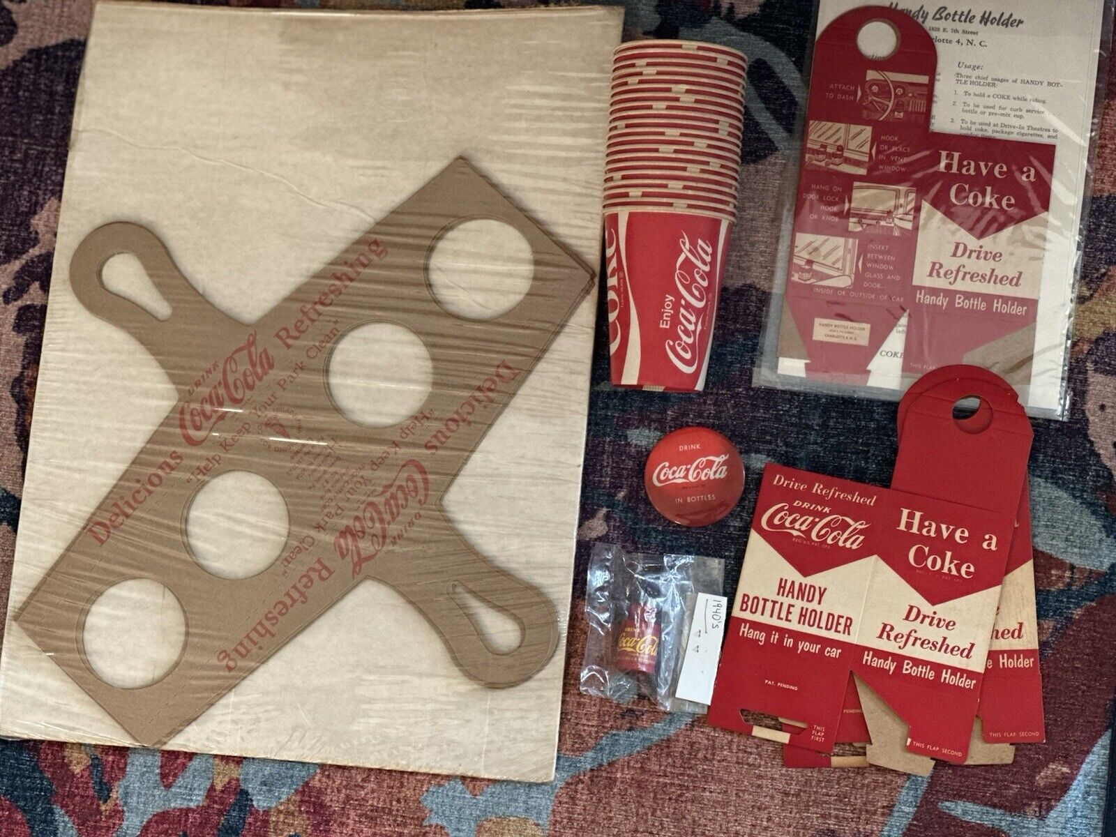 Vintage Coca-Cola  Bottle Holders Paper Cups A Pin And Other A Lot!1940’s 1950’s