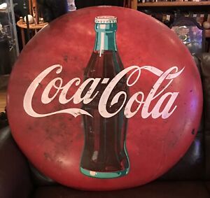 COCA-COLA 36” Coke BUTTON SIGN C1950 ORIGINAL METAL Advertising Soda Rare