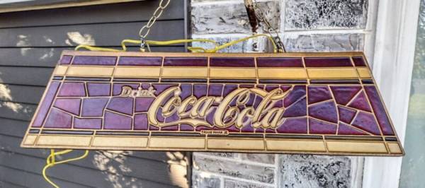 Vintage Mid Century Resin "Stained Glass" 2 Light Coca Cola Pool Table Bar Lamp