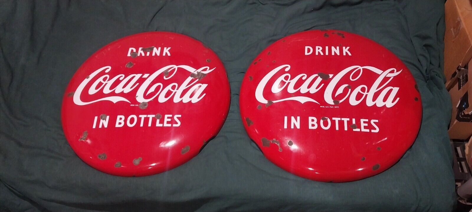 2 1950's Coca Cola 24" Porcelain Button Signs For Gas Station Curb Island Sign