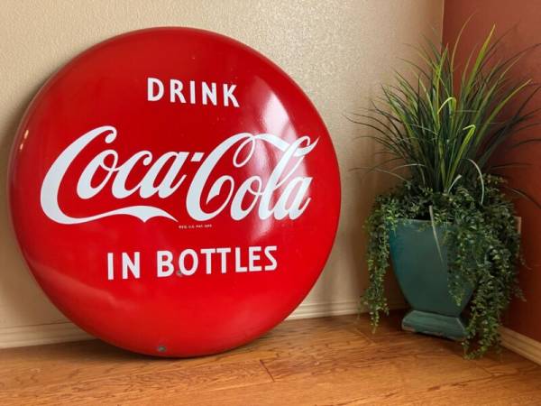 Vintage Original 1950's Drink Coca-Cola 36 inch Metal Button Sign