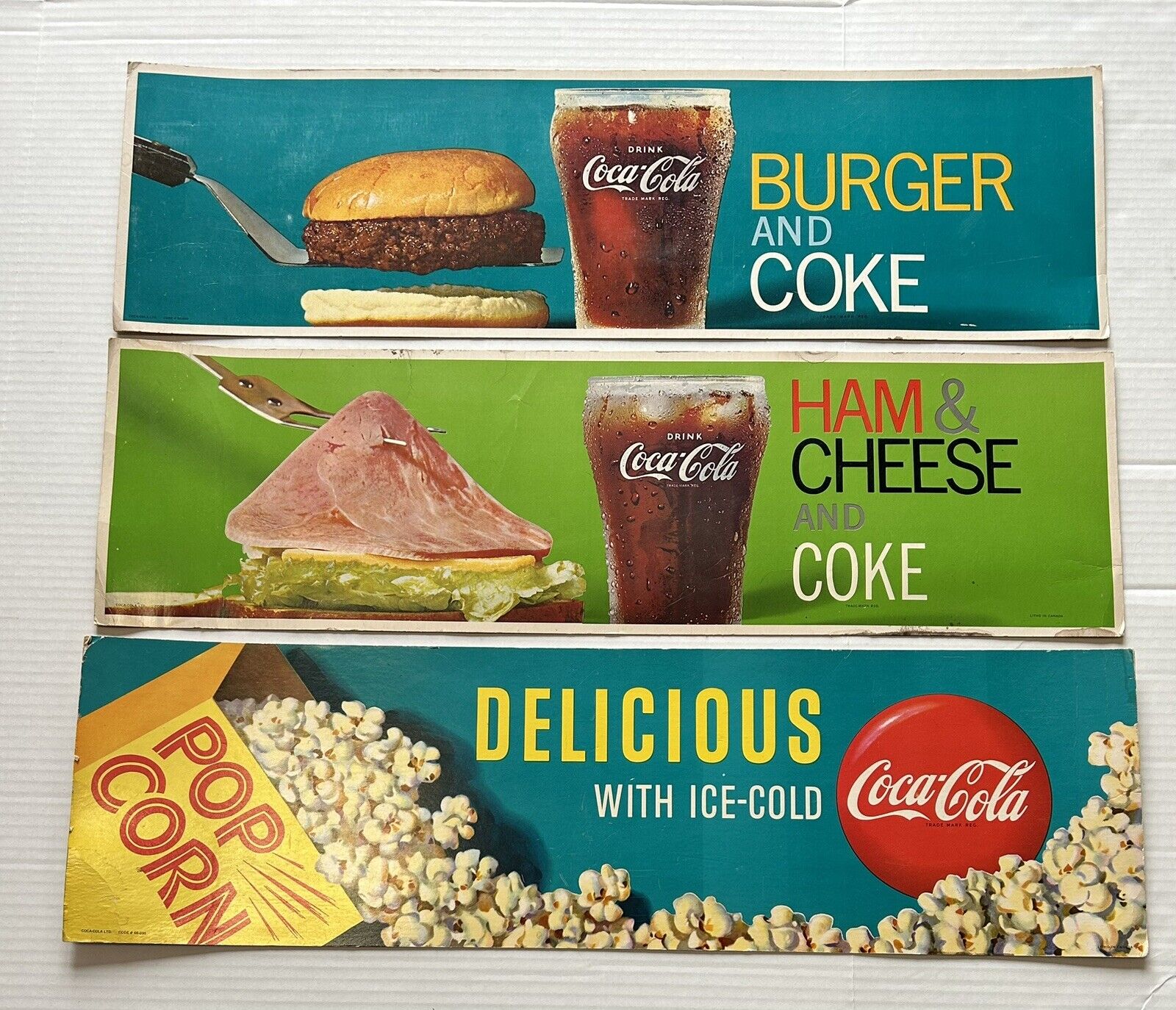 3 VTG 1966 Coca Cola Cardboard Litho 7x24 Ham & Cheese Burger Popcorn Diner Sign