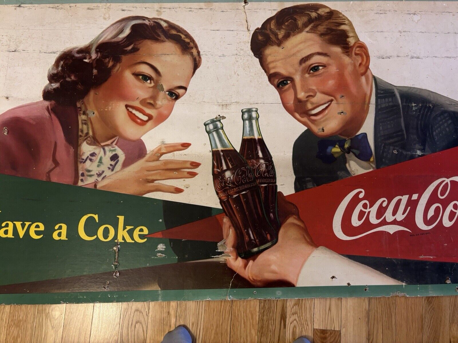 ORIGINAL 1950s COCA-COLA 2 SIDED CARDBOARD SIGN GIRL FISHING / COUPLE 56.5”x27.5