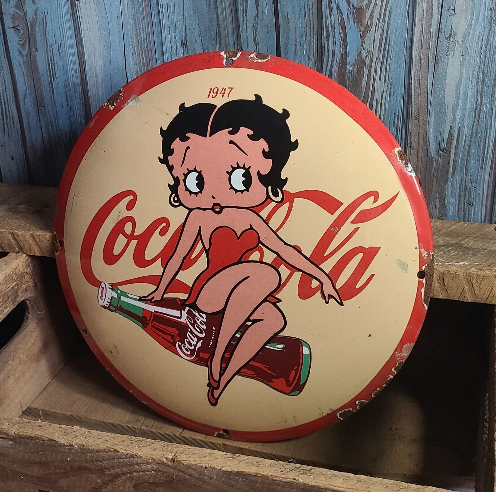 Vintage Coca Cola Betty Boop Porcelain Metal Soda Pop Coke Button Sign