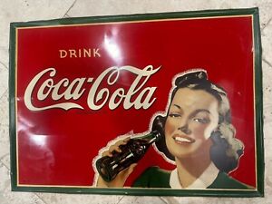 1940 Drink Coca Cola Tin Sign Girl Lady Original Self Framed  19.75x27.75 Rare
