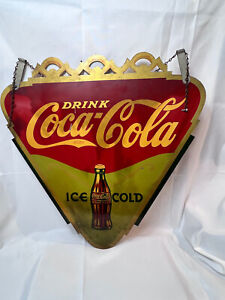 Original 1934 Coca-Cola Sign Triangle Metal Hanging Display Marquee Ice Cold USA