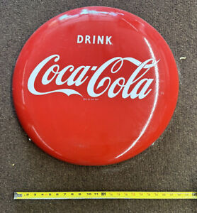 Coca-Cola Button Sign 24” Porcelain Metal 1940’s 1950’s Original Antique Coke