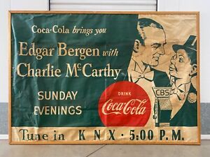 ? RARE Antique Coca Cola Charlie McCarthy CBS Advertisement Banner Sign, 1949