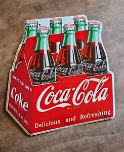 VERY RARE TRUE VINTAGE COCA COLA 1951 6 SIX PACK BOTTLES DIE CUT SIGN WOW!!