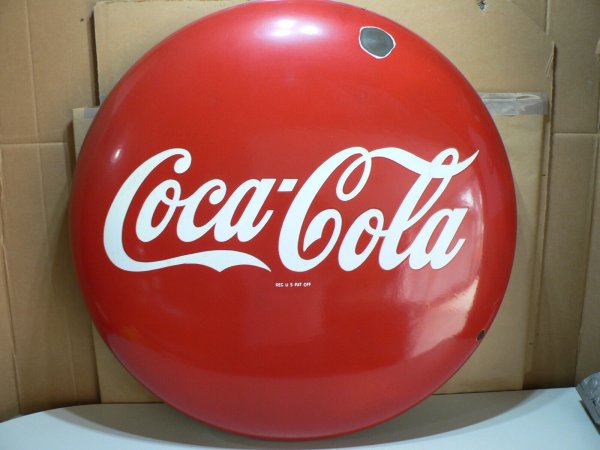 Vintage 1950's Coca Cola 36" Inch Porcelain Enameled Metal Button Sign